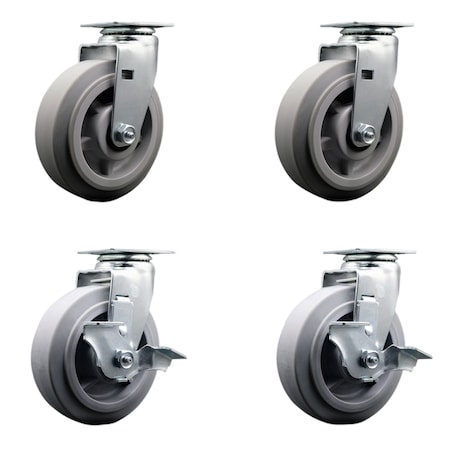 6 Inch Thermoplastic Rubber Swivel Caster Set With Roller Bearings 2 Brakes